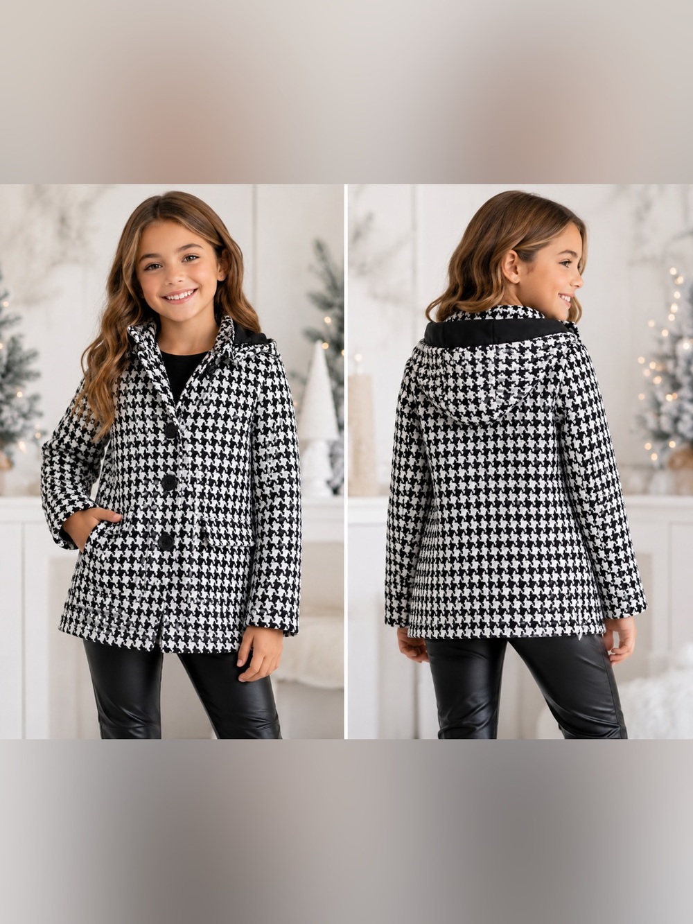 Holiday Editions Girls' Houndstooth Pea Coat - Black & White